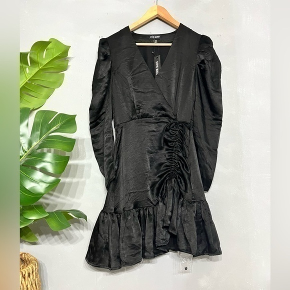 3/$30 _ STEVE MADDEN | NWT 🏷️ Nyla Long Sleeve Dress black frills wrap satin XS